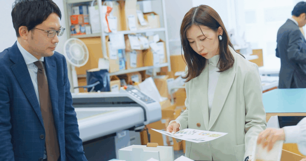 デザインの相談をする男性社員と女性社員