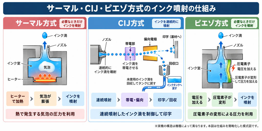 産業用インクジェットプリンターのサーマル方式・CIJ方式・ピエゾ方式のインク噴射の仕組みを比較した断面模式図。ヒーターによる気泡の発生、CIJの帯電・偏向とインク回収、圧電素子の変形による吐出を解説。