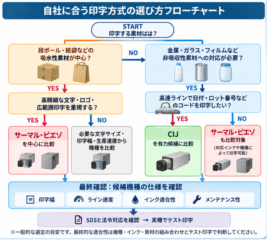 産業用インクジェットプリンターの選び方を示すフローチャート。段ボール・紙袋などの吸水性素材、金属・ガラスなどの非吸収性素材、ライン速度や印字品質からサーマル・CIJ・ピエゾ方式の候補を比較。