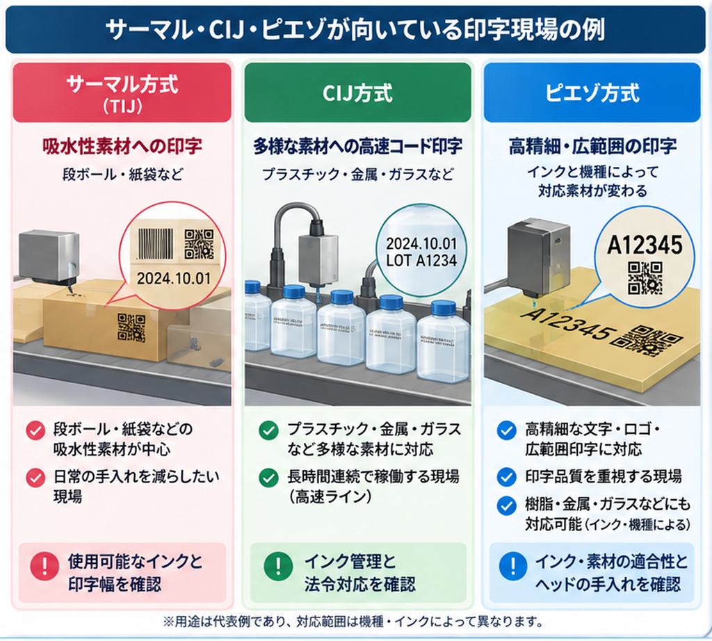 産業用インクジェットプリンターのサーマル・CIJ・ピエゾ方式に適した印字現場の比較図。段ボールへのバーコード印字、容器への賞味期限・ロット番号の高速印字、高精細・広範囲印字の用途例を紹介。