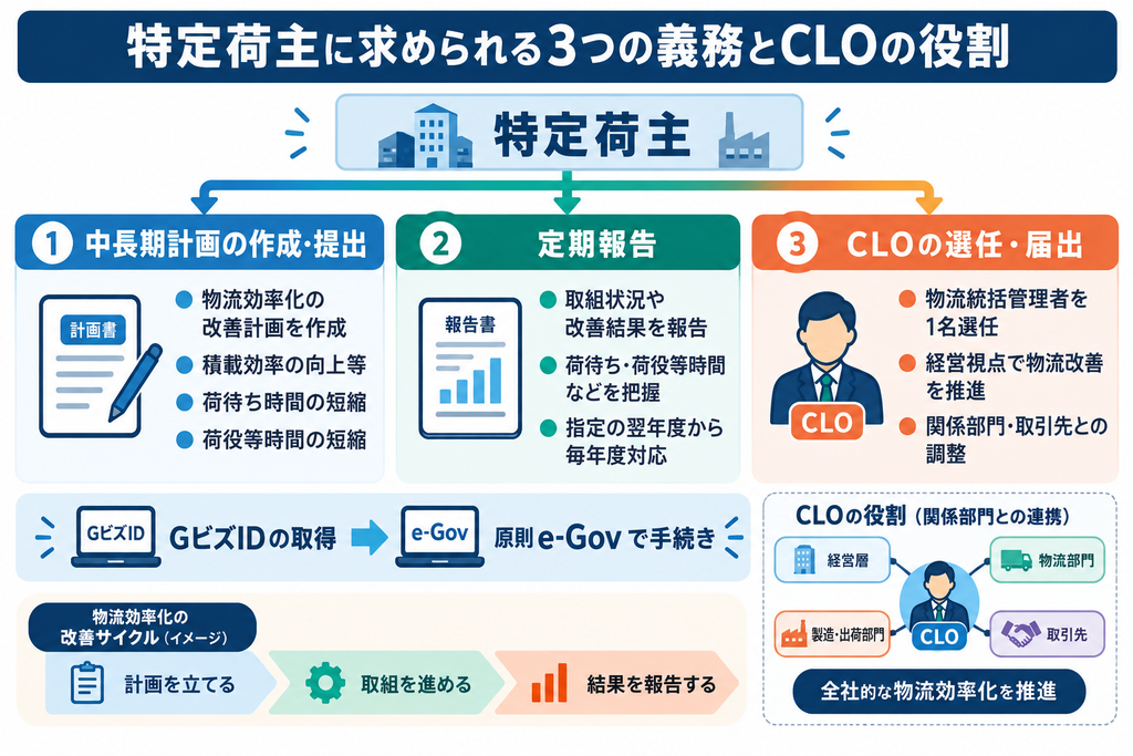 改正物流効率化法で特定荷主に求められる3つの義務を解説した図解。中長期計画の作成・提出、定期報告、物流統括管理者（CLO）の選任・届出を並列で示し、GビズIDとe-Govによる手続き、経営層・物流部門・製造出荷部門・取引先との連携を紹介。