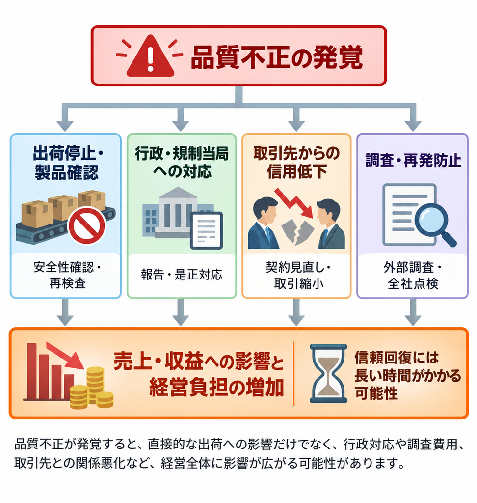 品質不正の発覚による出荷停止、行政対応、取引先の信用低下、再発防止調査が、売上・収益や経営負担に与える影響を示した図解。