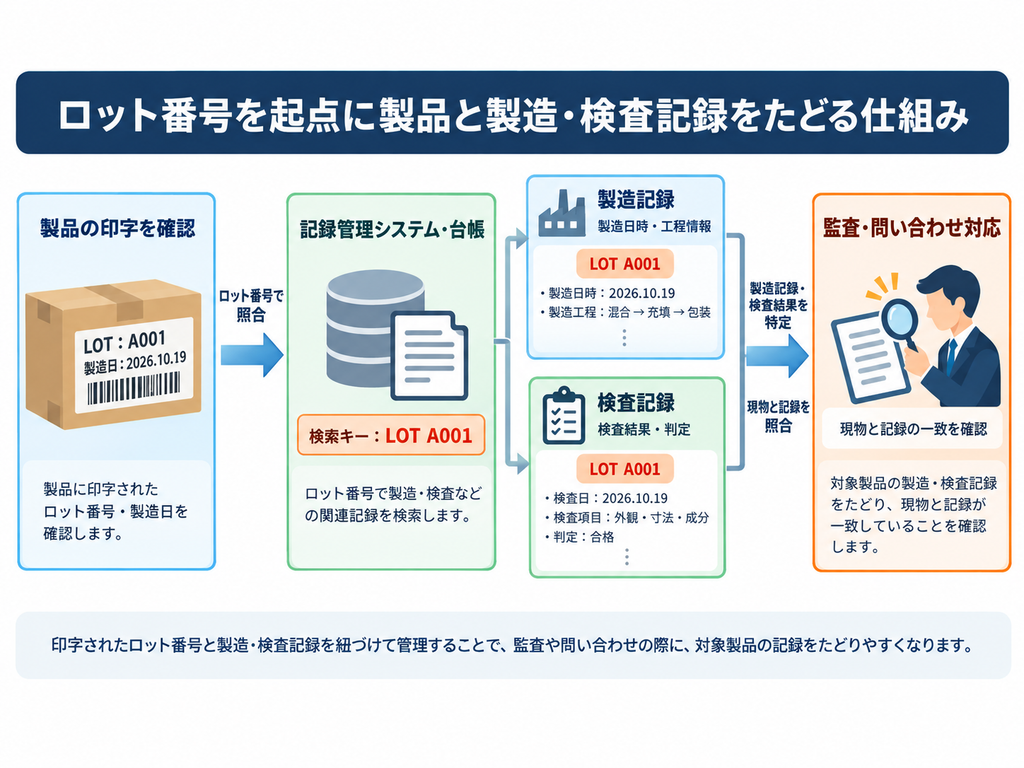 製品・包装に印字されたロット番号を起点に、製造記録や検査結果を追跡するトレーサビリティの仕組みを示した図解。LOT A001を検索キーに製造日時・工程情報・検査記録を照合し、品質管理や監査対応、問い合わせ対応に活用する流れを解説。