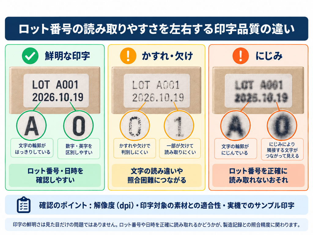産業用インクジェットプリンターによるロット番号・製造日時の印字品質を比較した図解。鮮明な印字、かすれ・欠け、にじみの3つの状態を示し、印字の可読性が記録の照合精度に与える影響を解説。